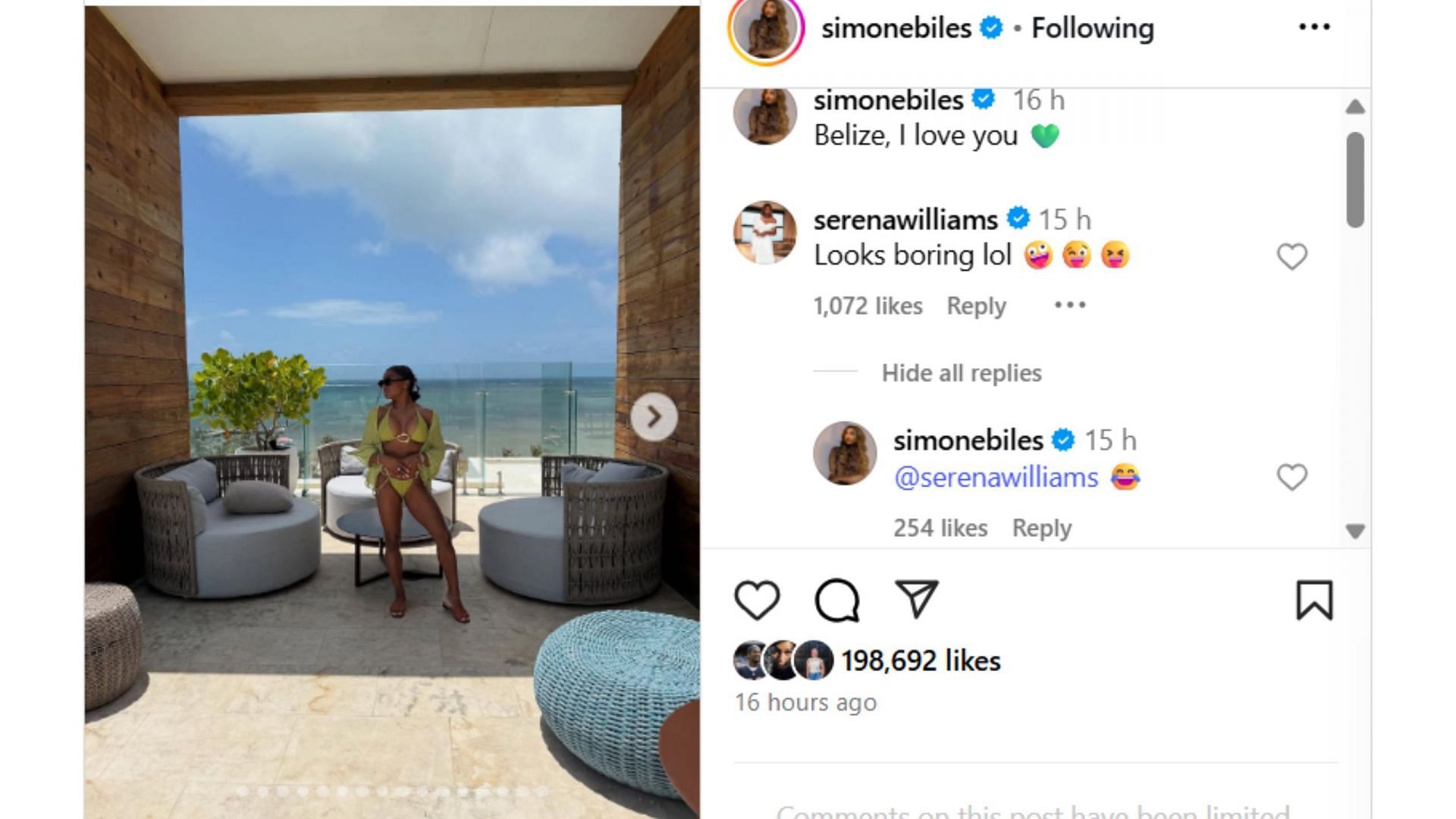 Serena Williams' comment on Simone Biles' post - Source: via @simonebiles on Instagram
